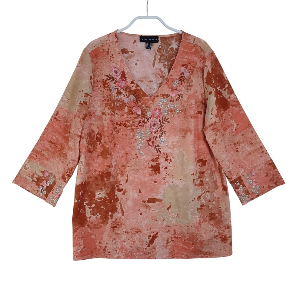 Susan Graver Womens Coral Abstract Floral Embroidered V-Neck 3/4 Sleeve Tunic M